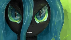 Size: 1024x576 | Tagged: dead source, safe, artist:fly-gray, queen chrysalis, changeling, changeling queen, g4, bust, evil smile, female, grin, looking at you, portrait, smiling, solo