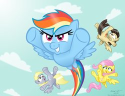 Size: 1021x783 | Tagged: safe, artist:aleximusprime, derpy hooves, fluttershy, rainbow dash, wild fire, pegasus, pony, g4, female, flying, mare