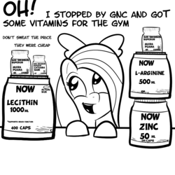 Size: 1000x1000 | Tagged: safe, artist:cosmonaut, flitter, pegasus, pony, g4, dialogue, female, monochrome, pills, solo, vitamins