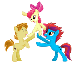 Size: 1510x1319 | Tagged: dead source, safe, artist:catwhitney, apple bloom, mandopony, oc, earth pony, pony, g4, ^^, acousticbrony, eyes closed, female, filly, foal, male, mare, pony pyramid, simple background, smiling, stallion, transparent background, trio