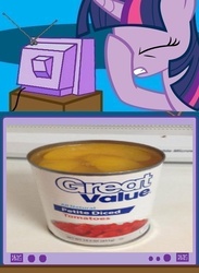 Size: 563x771 | Tagged: safe, twilight sparkle, pony, unicorn, g4, can, epic fail, exploitable meme, facehoof, fail, food, fruit, peach, tomato, tv meme, walmart