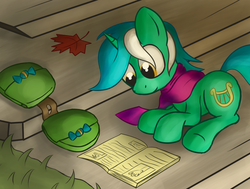 Size: 1474x1113 | Tagged: dead source, safe, artist:mostlyponyart, lyra heartstrings, pony, unicorn, g4, autumn, book, clothes, female, leaf, prone, reading, saddle bag, scarf, smiling, solo