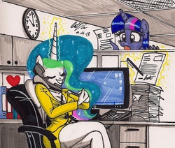 Size: 1256x1066 | Tagged: safe, artist:newyorkx3, princess celestia, twilight sparkle, anthro, g4, office, traditional art