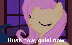 Size: 323x204 | Tagged: safe, screencap, fluttershy, pegasus, pony, g4, season 1, stare master, animated, cute, female, fluttermom, hush now quiet now, image macro, lullaby, shyabetes, singing, solo, subtitles