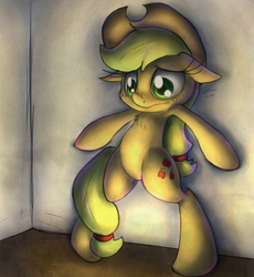 Size: 2351x2550 | Tagged: safe, artist:leadhooves, applejack, g4, belly, bipedal, chest fluff, scared