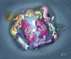 Size: 3073x2550 | Tagged: safe, artist:leadhooves, applejack, fluttershy, pinkie pie, rainbow dash, rarity, twilight sparkle, g4, duality, mane six, pinkamena diane pie, sleeping