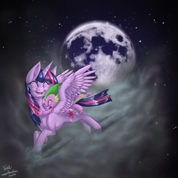 Size: 1600x1600 | Tagged: safe, artist:hellticket, spike, twilight sparkle, alicorn, pony, g4, crying, female, flying, mare, moon, twilight sparkle (alicorn)