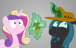 Size: 630x400 | Tagged: safe, princess cadance, queen chrysalis, g4, hat, ice cream, ice cream cone, needle, seems legit, syringe