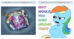 Size: 532x284 | Tagged: safe, artist:leadhooves, applejack, fluttershy, pinkie pie, rainbow dash, rarity, twilight sparkle, derpibooru, g4, duality, ew gay, exploitable meme, juxtaposition, juxtaposition fail, juxtaposition win, mane six, meme, meta, op is a duck, pinkamena diane pie, sleeping