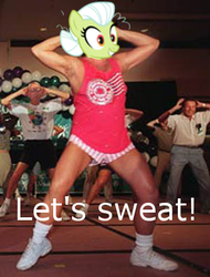 Size: 300x395 | Tagged: safe, edit, granny smith, g4, armpits, big grin, big smile, clothes, female, grin, richard simmons, shirt, shorts, sleeveless, sleeveless shirt, smiling, tank top, wide eyes