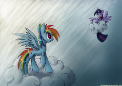 Size: 1061x753 | Tagged: safe, artist:vulpessentia, rainbow dash, twilight sparkle, alicorn, pegasus, pony, g4, cloud, duo, female, mare, on a cloud, twilight sparkle (alicorn)