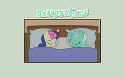 Size: 1680x1050 | Tagged: safe, artist:tritebristle, bon bon, lyra heartstrings, sweetie drops, earth pony, pony, unicorn, comic:heartstrings, g4, bed, cropped, female, lesbian, ship:lyrabon, shipping, sleeping, smiling