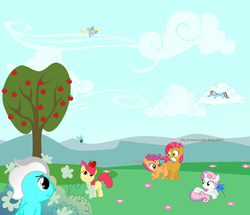 Size: 1510x1300 | Tagged: safe, apple bloom, babs seed, derpy hooves, rainbow dash, scootaloo, sweetie belle, oc, parasprite, g4, colt, cutie mark crusaders, filly, male, poison joke