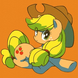 Size: 1200x1200 | Tagged: safe, artist:wasu, applejack, earth pony, pony, g4, cute, female, jackabetes, looking at you, mare, orange background, pixiv, prone, simple background, solo