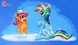 Size: 3108x1820 | Tagged: safe, artist:clouddg, rainbow dash, scootaloo, pegasus, pony, g4, cloud, duo, duo female, female, hat, jumping, pith helmet, scootalove, sitting