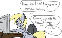 Size: 1920x1200 | Tagged: safe, artist:acharmingpony, derpy hooves, pegasus, pony, g4, computer, derpy hooves tech support, derpy tech support, female, headset, insane troll logic, mare, monitor, solo, tech support