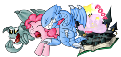 Size: 1280x603 | Tagged: safe, artist:darkyosh, pinkie pie, g4, blue-eyes toon dragon, crossover, toon summoned skull, toon world, yu-gi-oh!