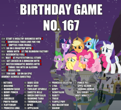 Size: 1100x1000 | Tagged: safe, apple bloom, applejack, babs seed, berry punch, berryshine, big macintosh, cheerilee, derpy hooves, diamond tiara, dinky hooves, discord, fluttershy, lyra heartstrings, octavia melody, photo finish, pinkie pie, princess celestia, princess luna, queen chrysalis, rainbow dash, rarity, scootaloo, shining armor, soarin', spike, sweetie belle, thunderlane, trixie, twilight sparkle, oc, oc:fluffle puff, oc:milky way, alicorn, pony, fanfic:rainbow factory, g4, bill cosby, birthday game, exploitable meme, female, harsher in hindsight, i emptied your fridge, mane seven, mare, meme, playstation all-stars battle royale, varying degrees of want