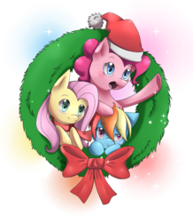 Size: 1276x1465 | Tagged: dead source, safe, artist:ls_skylight, fluttershy, pinkie pie, rainbow dash, g4, clothes, hat, santa hat, scarf, trio, wreath