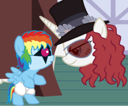 Size: 3600x3000 | Tagged: safe, artist:beavernator, rainbow dash, oc, oc:fausticorn, pony, g4, baby, baby dash, baby pony, diaper, duo, foal, kiss (band), lauren faust, paul stanley, slash, the starchild