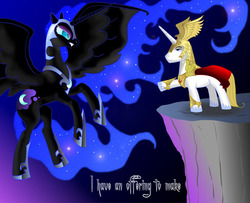 Size: 900x731 | Tagged: safe, artist:nightshroud, nightmare moon, prince blueblood, g4, evil