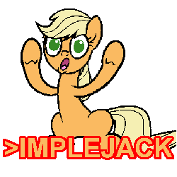 Size: 425x425 | Tagged: safe, artist:derkrazykraut, edit, applejack, earth pony, pony, g4, air quotes, animated, applying, female, hatless, implying, implyra, missing accessory, recolor, simple background, solo, text, transparent background