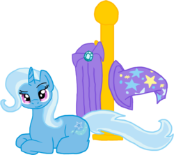 Size: 1016x904 | Tagged: safe, artist:dashiekitten, trixie, g4, cape, clothes, hat, looking at you, lying down, prone, side view, simple background, solo, transparent background, trixie's brooch, trixie's cape, trixie's hat