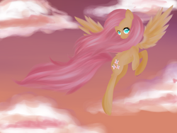 Size: 1024x768 | Tagged: safe, artist:breezzie, fluttershy, pegasus, pony, g4, colored pupils, female, flying, looking at you, mare, sky, solo, sunset, windswept mane