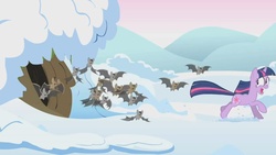 Size: 1280x720 | Tagged: safe, screencap, twilight sparkle, bat, pony, unicorn, g4, winter wrap up, animal, burrow, female, looking back, mare, running, scared, snow, solo, unicorn twilight, we can't stop here this is bat country