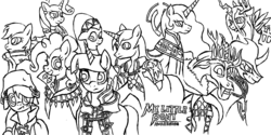 Size: 2000x1000 | Tagged: safe, artist:monoglyph, applejack, discord, fluttershy, king sombra, pinkie pie, princess celestia, queen chrysalis, rainbow dash, rarity, shining armor, twilight sparkle, g4, aversa, chrom, donnel, emmeryn, fire emblem, fire emblem awakening, gangrel, henry (fire emblem), lineart, maribelle (fire emblem), monochrome, olivia (fire emblem), ponified, robin (fire emblem), sully (fire emblem), validar, walhart