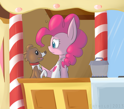 Size: 3200x2800 | Tagged: safe, artist:erthilo, pinkie pie, winona, dog, earth pony, pony, pinkiepieskitchen, g4, apron, clothes, duo, female, frown, high res, kitchen, looking at someone, mare, open mouth, signature