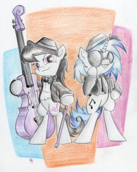 Size: 3066x3832 | Tagged: safe, artist:raindeimos, dj pon-3, octavia melody, vinyl scratch, pony, g4, bipedal, cane, cello, clothes, musical instrument, suit