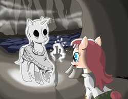 Size: 1017x786 | Tagged: safe, ghost, ghost pony, antimony carver, cliff, dirty, fog, gunnerkrigg court, jeanne, magic, ponified, river, sword, weapon