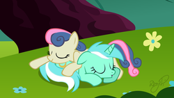 Size: 3840x2160 | Tagged: safe, artist:dzejpi, bon bon, lyra heartstrings, sweetie drops, earth pony, pony, unicorn, g4, cuddling, eyes closed, female, lesbian, mare, pony pile, ship:lyrabon, shipping, sleeping, snuggling