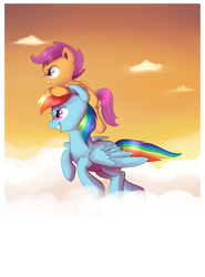 Size: 1052x1420 | Tagged: safe, artist:pepooni, rainbow dash, scootaloo, pegasus, pony, g4, blank flank, cloud, duo, female, filly, foal, mare, on a cloud, open mouth, ponies hats, ponies riding ponies, profile, riding, scootahat, scootaloo riding rainbow dash, scootalove, sky, spread wings, sunset, teeth, wings
