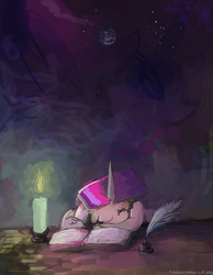 Size: 700x900 | Tagged: safe, artist:doctorpepperphd, twilight sparkle, pony, unicorn, book, candle, quill, sleeping, solo, unicorn twilight