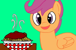 Size: 576x384 | Tagged: safe, scootaloo, g4, meatball, pasta, spaghetti