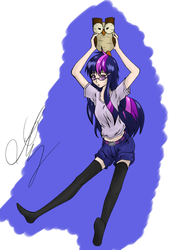 Size: 1500x2100 | Tagged: safe, artist:junker-kun, owlowiscious, twilight sparkle, human, g4, clothes, glasses, humanized, pants, socks, thigh highs, thigh socks