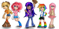 Size: 1024x502 | Tagged: dead source, safe, artist:exunary, applejack, pinkie pie, rainbow dash, twilight sparkle, human, g4, dark skin, humanized, simple background, white background