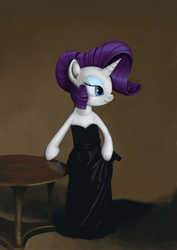 Size: 1414x2000 | Tagged: safe, artist:drakmire, rarity, pony, g4, bipedal, black dress, clothes, dress, solo, table