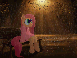 Size: 2000x1500 | Tagged: safe, anonymous artist, fluttershy, pegasus, pony, g4, animated, bench, feels, female, hoodie, mare, night, park, rain, sad, solo, tree
