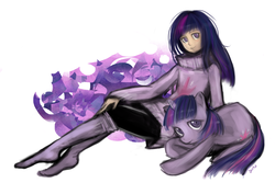 Size: 2832x2008 | Tagged: safe, artist:kutakoru, twilight sparkle, human, pony, unicorn, g4, clothes, female, human ponidox, humanized, mare, simple background, socks, sweater, white background