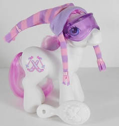 Size: 568x600 | Tagged: safe, photographer:breyer600, chilly breezes, g3, helmet, irl, photo, skiing, skis, toy