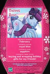 Size: 972x1456 | Tagged: safe, photographer:absol, velvet bow, earth pony, pony, g3, backcard, box, female, hasbro, hasbro logo, logo, magnet, magnet hoof, mare, pony's foot contains magnet, snow, snowflake, solo, text, toy