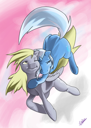 Size: 900x1260 | Tagged: safe, artist:remenbrand, derpy hooves, trixie, pegasus, pony, g4, female, flying, lesbian, mare, shipping, tripy