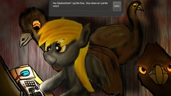 Size: 1191x670 | Tagged: safe, artist:deliriouscat, derpy hooves, emu, pegasus, pony, g4, computer, female, mare, rom