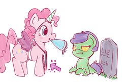 Size: 600x386 | Tagged: safe, artist:pinkieinprivate, pinkie pie, oc, oc:lizombie, earth pony, pony, zombie, g4, arrow, duo, fake wings, grave, hat, party hat, simple background, unamused, white background