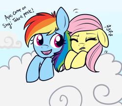 Size: 450x390 | Tagged: safe, artist:lulubell, fluttershy, rainbow dash, g4, cloud, filly