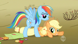 Size: 614x346 | Tagged: safe, screencap, applejack, rainbow dash, g4, the last roundup, out of context