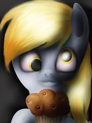 Size: 768x1024 | Tagged: safe, artist:agussska, derpy hooves, pegasus, pony, g4, female, mare, muffin, solo, uncanny valley
